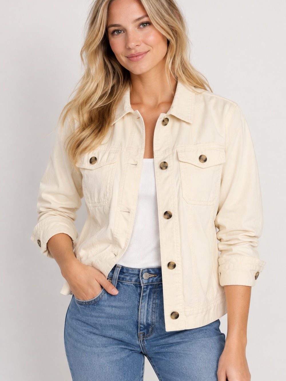 Old Navy Women’s 100% Cotton Utility Chore Jacket Cream Ecru Size L